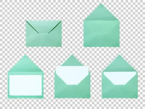 Mint green paper envelopes featuring pure white blank cards designed for re.. Stock Photos