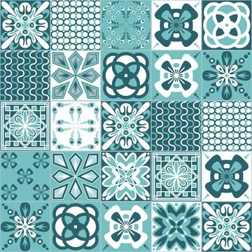 Mint green seamless pattern, spanish portuguese tile for decoration 스톡 일러스트