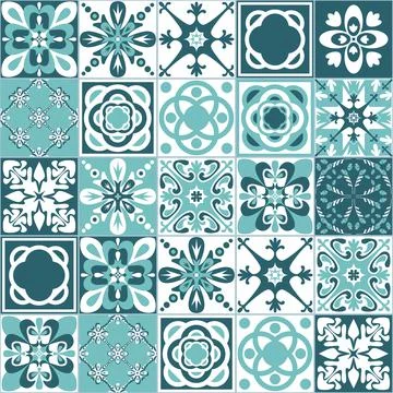 Mint green seamless pattern, spanish portuguese tile for decoration, vector i Stockillustratie