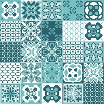 Mint green seamless pattern, spanish portuguese tile, contrast vector illustr Stockillustratie
