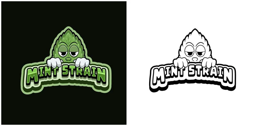 Mint Leaf cartoon logo with text and a high expression. Full color and blac.. Stock Illustration