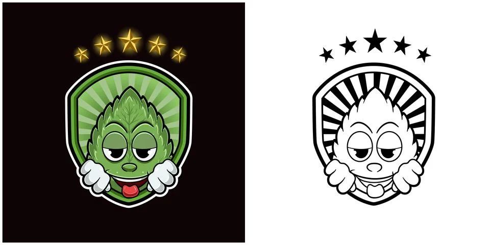 Mint Leaf Character Cartoon with High and Smiling. Badge and Stars Light. 스톡 일러스트