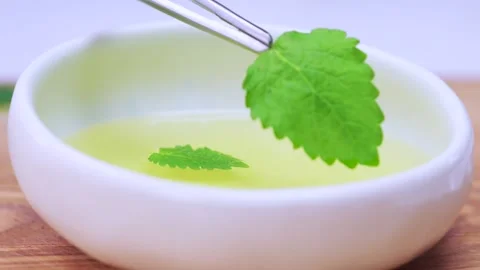 The mint leaf is falling into the oil. Stock Footage 133021556