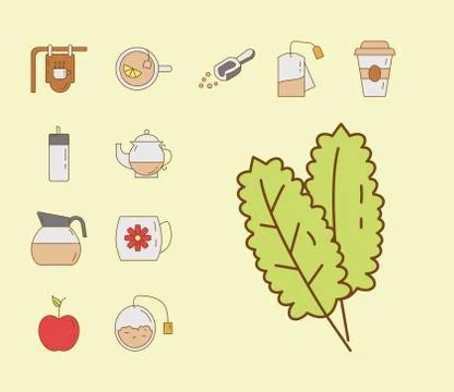 Mint leafs and bundle of tea set fill style icons Stock Illustration