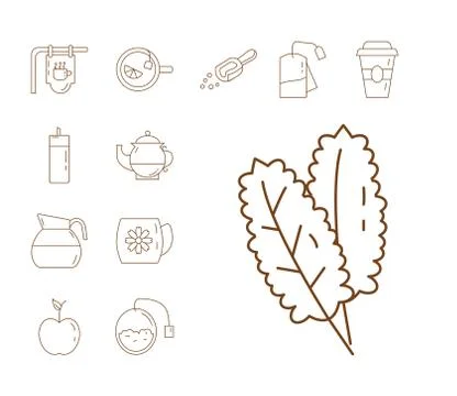 Mint leafs and bundle of tea set line style icons Stock Illustration