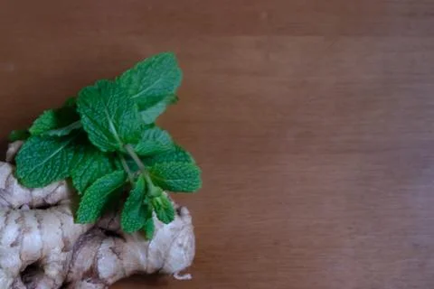 Mint leaves with ginger root Stock Photos