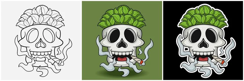 Mint Leaves Inside Skull Head With Smoking Character Cartoon. Black White, .. Stock Illustration