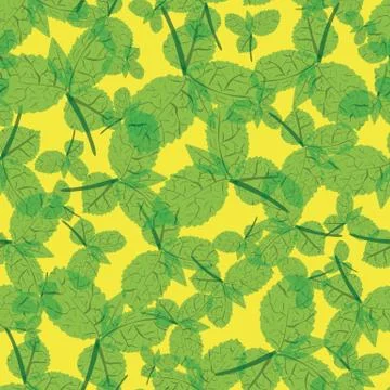 Mint leaves seamless vector pattern on yellow Stock Illustration
