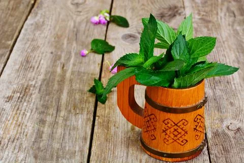 Mint Leaves on Wood Rustic Background Stock Photos