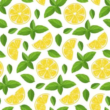 Mint Lemon Tea seamless pattern. Tea leaves, lemon slice, mint leaf. Flat vector Stock Illustration