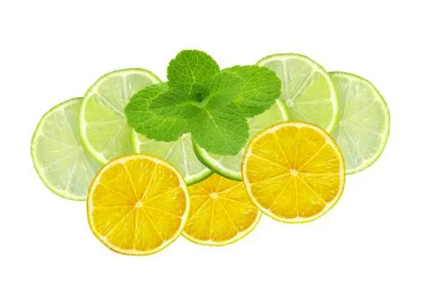 Mint with lime and lemon slices isolated on white Stockfoto's