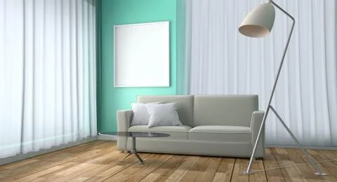 Mint Living Room Interior Design - Green mint style with sofa table lamp and  Stock Illustration