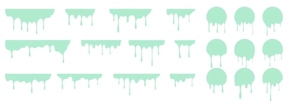 Mint melt drips paint set. Circle liquid drips and dynamic paint splashes. Stock Illustration
