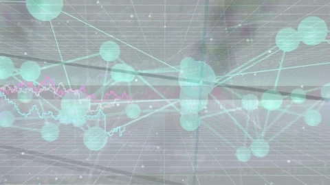 Mint network appearing early, nodes shifting, pink-blue graphs tracing midline, Stock Footage 335465781
