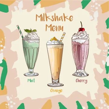 Mint, Orange and Cherry Milkshake set recipe. Menu element for cafe or restau Stock Illustration