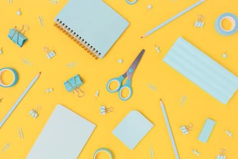 Mint school equipment pattern on a bright yellow background. Stock Photos