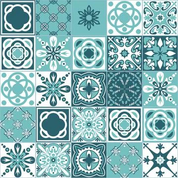 Mint seamless pattern, Azulejo talavera spanish tiles, contrast vintage ornat Illustrazione stock