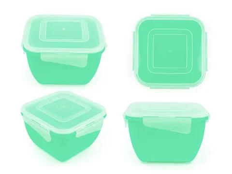 Mint square plastic lunch box in top and side view isolated Stock-Fotos