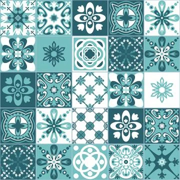 Mint square seamless pattern, Azulejo talavera spanish tiles, vector illustra Stock Illustration