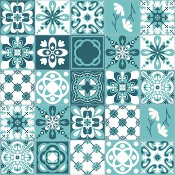 Mint square seamless pattern, Azulejo talavera spanish tiles, contrast vintag Illustrazione stock