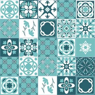 Mint square seamless pattern, Azulejo talavera spanish tiles, contrast vintag Illustrazione stock