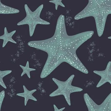 Mint Starfish Seamless Coastal Pattern on Dark Navy イラスト素材