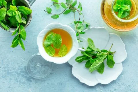 Mint tea. A cup of peppermint tea with fresh mint leaves and a tea pot Foto stock