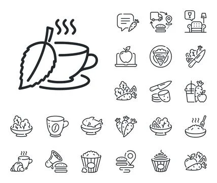 Mint Tea line icon. Fresh herbal beverage sign. Crepe, sweet popcorn and salad Illustrazione stock