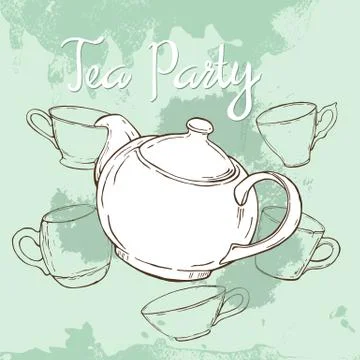 Mint tea party poster with hand drawn teapot and cups Stock Illustration