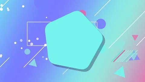 A mint teal rounded cube floats in a geometric neon scene with circles, lin.. Stock-Illustration