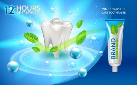 Mint toothpaste ads. Vector 3d Illustration with toothpaste white tooth and mint Illustrazione stock