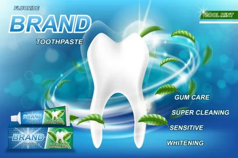 Mint toothpaste concept ads, isolated on blue. Tooth model and product package Stock Illustration