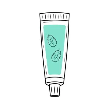 Mint toothpaste tube. Linear doodle illustration with blue shape. Dental ca.. Stock Illustration