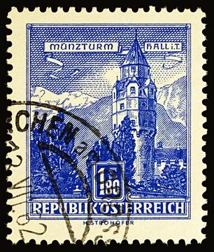 Mint Tower Hall in Tyrol on postage stamp Stock Photos