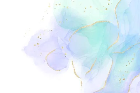 Mint, violet and turquoise liquid watercolor background with golden glitter Stock Illustration