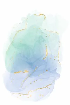 Mint, violet and turquoise liquid watercolor background with golden glitter Stock Illustration