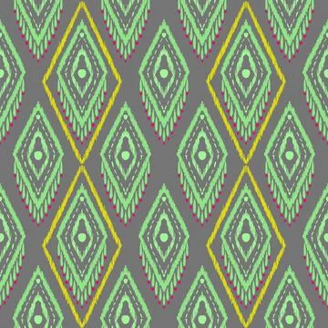 Mint–Yellow Geometric Isan Textile Pattern on Gray Background Illustrazione stock