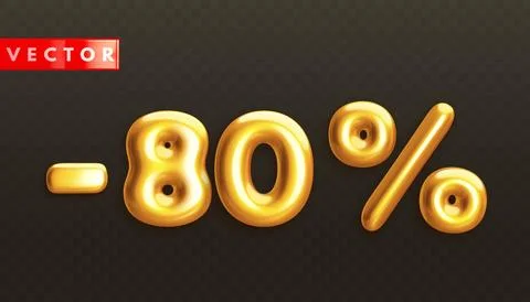 Minus 80. Metallic eighty percent. Golden 3d off discount numbers Stock Illustration