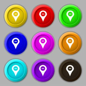Minus Map pointer, GPS location icon sign. symbol on nine round colourful but Stock Illustration