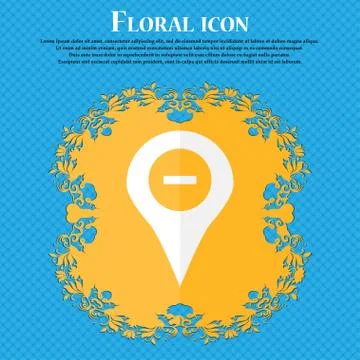 Minus Map pointer, GPS location . Floral flat design on a blue abstract backg Illustrazione stock