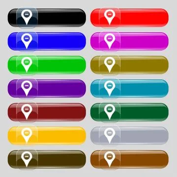 Minus Map pointer, GPS location icon sign. Set from fourteen multi-colored glass Stockillustratie