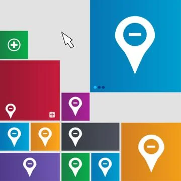 Minus Map pointer, GPS location icon sign. Metro style buttons. Modern interface Stock Illustration