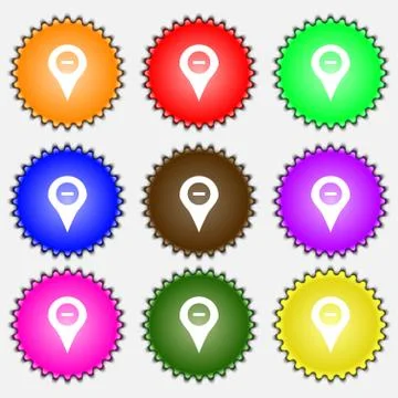 Minus Map pointer, GPS location icon sign. A set of nine different colored label Stock Illustration