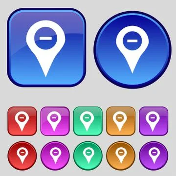Minus Map pointer, GPS location icon sign. A set of twelve vintage buttons for y Stock Illustration