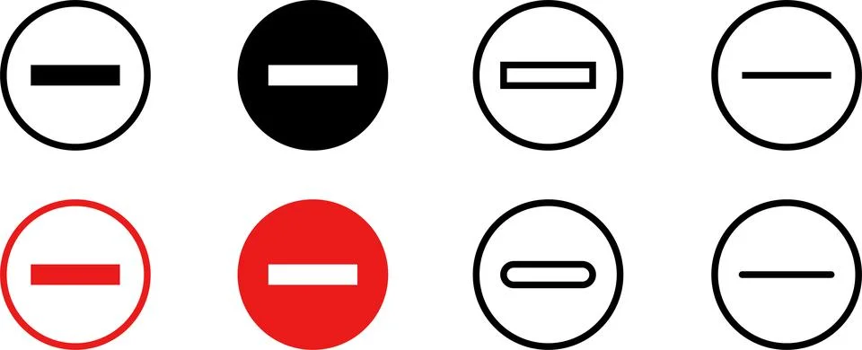 Minus remove icon set. Stop sign. Horizontal line, dash inside circle outline Illustrazione stock