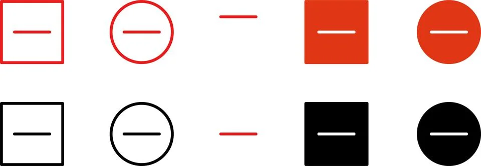 Minus remove icon set. Stop sign. Horizontal line, dash inside circle outline Stock Illustration