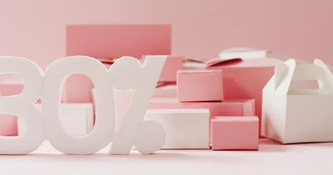 Minus thirty per cent text in white with pink and white gift boxes on pink Stock Footage 341319695
