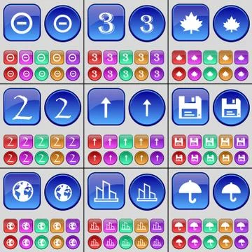 Minus, Three, Maple leaf, Two, Arrow up, Floppy disk, Earth, Diagram, Umbrella. Stock Illustration