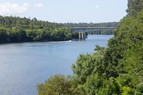 Mio River passing through Tui, Galicia, Spain Stock Photos