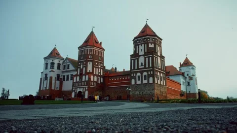 Mir castle complex on cloudy day in belarus showing towers and walls Stock Footage 301125320
